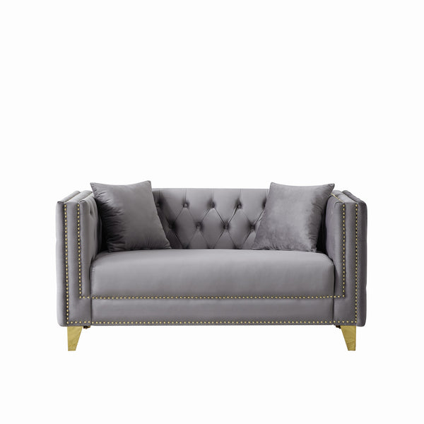 English Elm 58"Chesterfield Velvet Sofa Elegant Tufted 2-Seater Deep Seat with Nailhead Trim Solid Wood Frame Grey W3373S00029