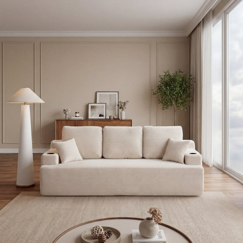 English Elm 87 Inch Plush Corduroy Three Seat Sofa with Deep Cushions Cup Holders Storage Pockets Cream White W5515P444477