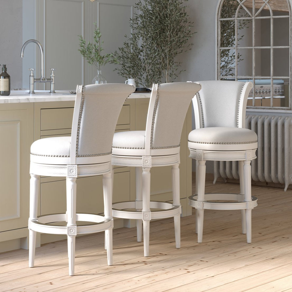 English Elm 26in. Wood High-back Swivel Barstool Farmhouse Style Nailhead Upholstered Kitchen Seat White B2751P436429