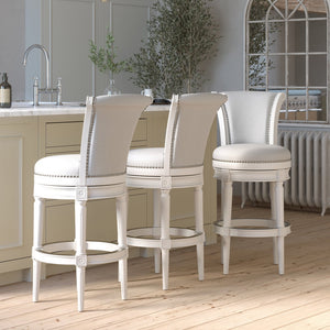 English Elm 26in. Wood High-back Swivel Barstool Farmhouse Style Nailhead Upholstered Kitchen Seat White B2751P436429