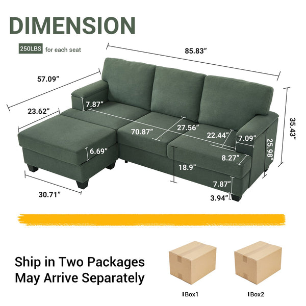 English Elm 86" Linen Sectional Sofa with Storage Ottoman Reversible Chaise for Small Spaces Dark Green W1669S00037