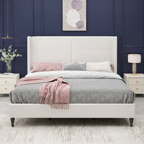 English Elm King Upholstered Bed Frame with Tall Bouclé Headboard, Solid Wood Feet, 12-Slat Support, 1000lb Capacity White 81.3 L x 31.5 W x 8.27 H W1716P335678