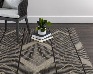 Sunpan Asana Hand-Woven Rug - Sustainable Black and Tan Medallion Design for Indoor and Outdoor Spaces 5' X 8'