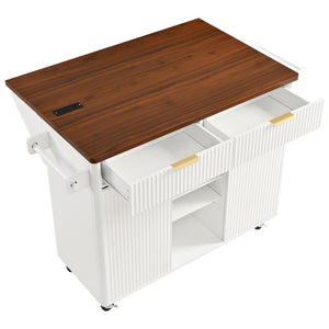English Elm K&k Fluted Rolling Kitchen Island Faux Marble Top Power Outlet Drop Leaf Storage White N707S000019W