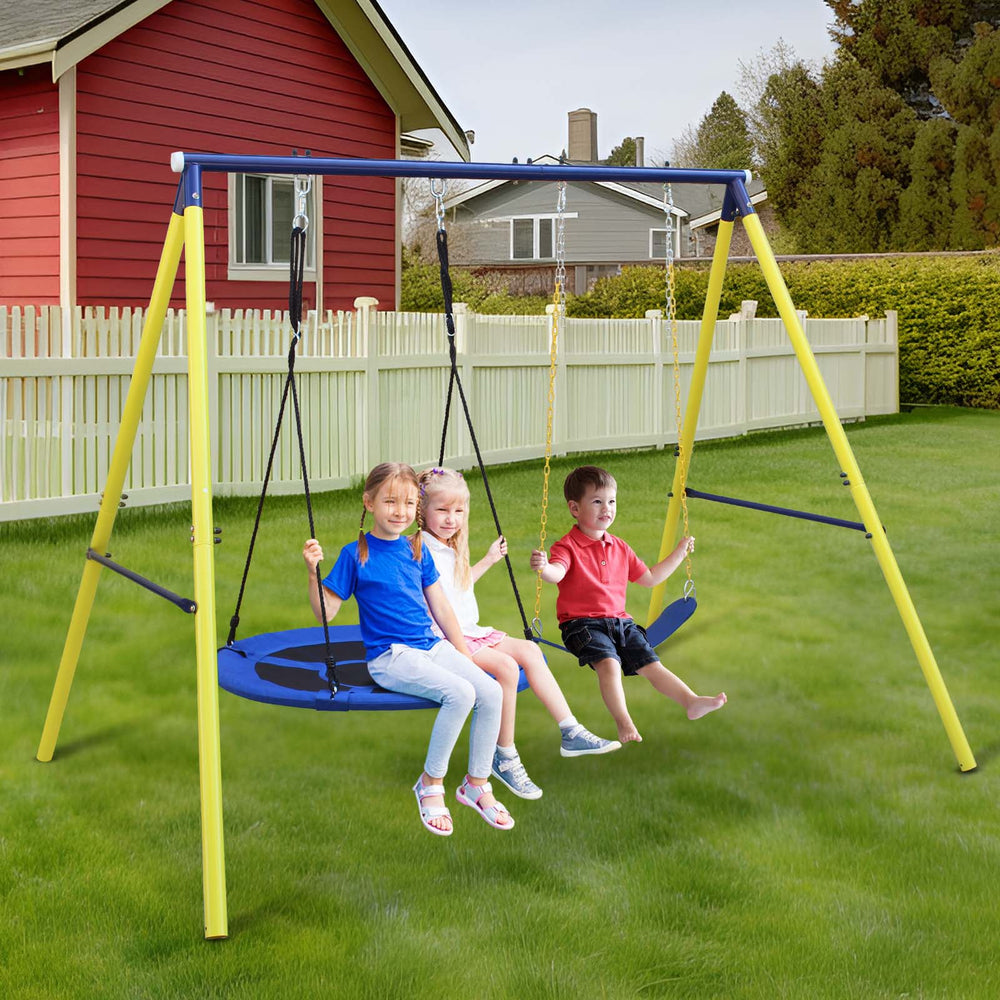 English Elm 2 in 1 Kids Outdoor Steel A-frame Backyard Swing Set with Saucer and Belt Seats W1408P163242
