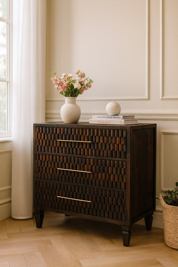 English Elm Solid Wood Arno Chest - Elegant Mocha Tone, 3 Spacious Drawers, Perfect For Stylish Storage Solutions B182P372175-GIGA