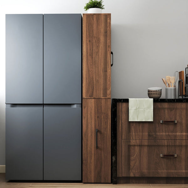 English Elm 70.87" Modern Display Storage Cabinet with 4-Tier Pull-Out Shelves, Dual Glass Doors for Home Walnut W331P295246