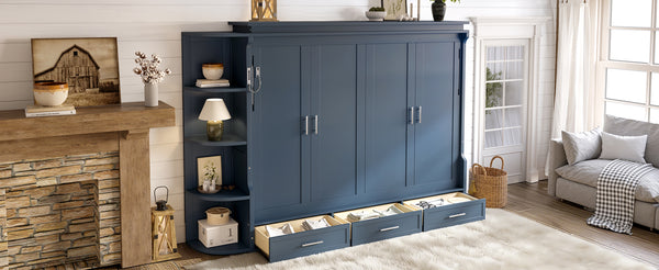 English Elm Queen Murphy Wall Bed with Side Cabinets Open Shelving and Drawers for Studio Rooms Blue W1580S00453