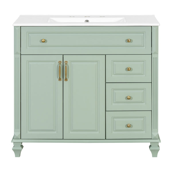 English Elm 36" Forest Green Rubberwood Bathroom Vanity with Ceramic Sink and Golden Hardware N725P356069F
