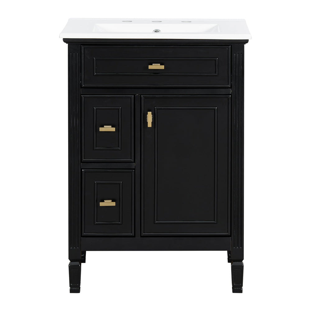 English Elm 24-Inch Bathroom Vanity with Sink, Solid Wood & MDF, Ceramic Top, Gold Handles, Flip Drawer Design Black N725P350824B
