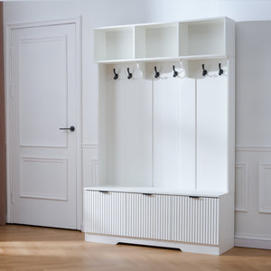 English Elm 49.6 Inch Farmhouse Hall Tree with Bench Shoe Cabinet Hooks and Open Shelving W3871S00001