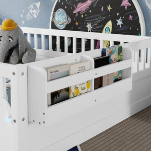 English Elm Full Montessori floor bed offering high rails, built-in light and shelf for safe independent sleep and storage White 79.13 L x 13 W x 6.3 H W2593P333586