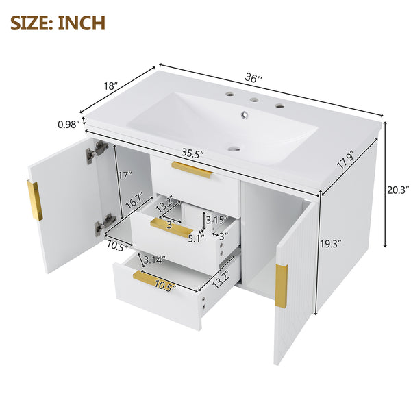 English Elm 36'' Wall Mounted Bathroom Vanity with Sink, Floating MDF Cabinet, 2 Drawers, Rust-Resistant Handles White N710P253035K