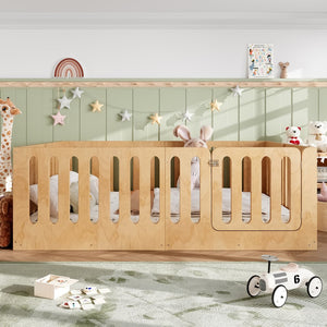 English Elm Queen Solid Pine Montessori Floor Bed for Kids with House Frame and Built-in Door Natural W5305P420640