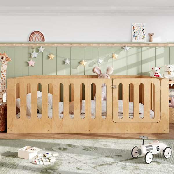 English Elm Queen Solid Pine Montessori Floor Bed for Kids with House Frame and Built-in Door Natural W5305P420640
