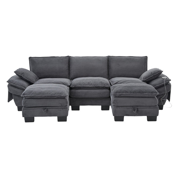 English Elm Sectional Cloud Sofa Modular Deep Seat Corduroy Upholstered Living Room Couch with Storage Dark Gray W395S00133