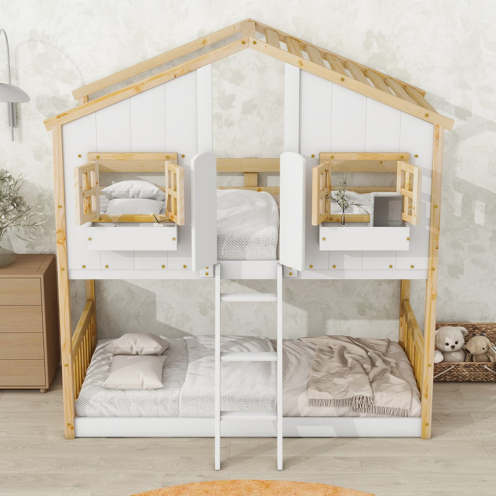 English Elm Twin House Bunk Bed with Roof, Window Box, Door, Guardrails & Ladder—Sturdy Pine Playful Design for Kids Natural+White W504S00147