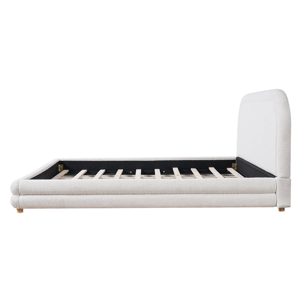 English Elm King Boucle Upholstered Bed Sculptural Arch Frame Solid Wood Legs Plush Headboard N757K371804W