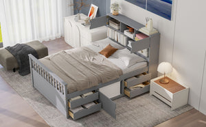 English Elm Full Size Captain Platform Bed Frame With Storage, Bookcase Headboard & Configurable Drawers, Gray N7090000473E