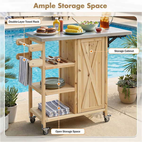 English Elm Foldable Outdoor Kitchen Cart with Stainless Worktop Fir Wood Frame and Lockable Wheels Natural N719P380281N