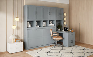 English Elm Twin Murphy Wall Bed with Integrated Closet Drawers and Desk for Studio Spaces Gray LP000595AAE-1