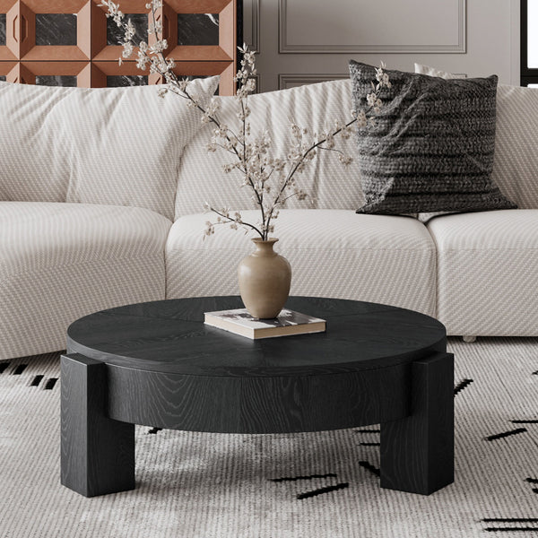 English Elm 33'' Round Coffee Table Parquet Veneer Flip Top Hidden Storage Wabi-sabi Living Room Black W1435P419322