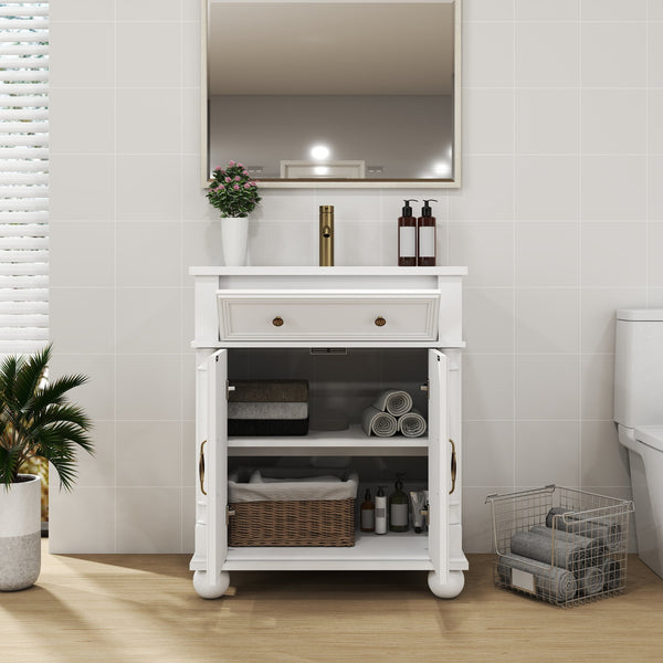 English Elm 27.8" Mid-century Freestanding Bathroom Vanity with Ceramic Sink Drawer and Wood Base White W1801S00006