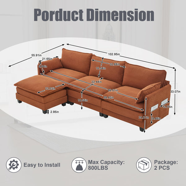 English Elm United We Win Modular Corduroy Sectional with Ottoman Low Profile Living Room Couch Orange W1568S00258