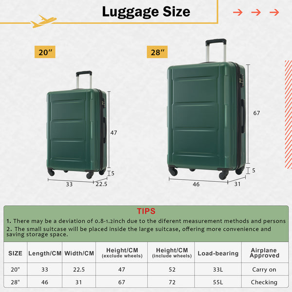 English Elm 2 Piece Abs Hard Shell Spinner Luggage Set with Tsa Lock Expandable Suitcases Green N732P198745F