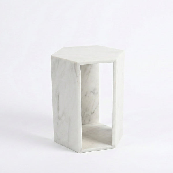 English Elm Genuine Solid Marble Hexagonal Pedestal End Table Polished Stone for Modern Living White W1696P407996