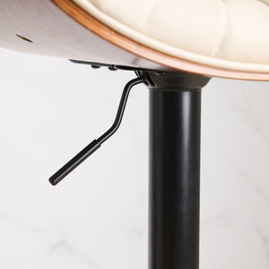 English Elm Walnut Mid-Century Bentwood Swivel Bar Stool — Ergonomic Faux Leather Seat, Wide Stable Base Beige W1143P173515