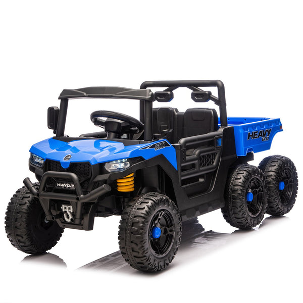 English Elm 24v Electric Kids Dump Truck 4wd Six Wheel Ride on with Remote Suspension Cargo Bucket Blue W1578P380843