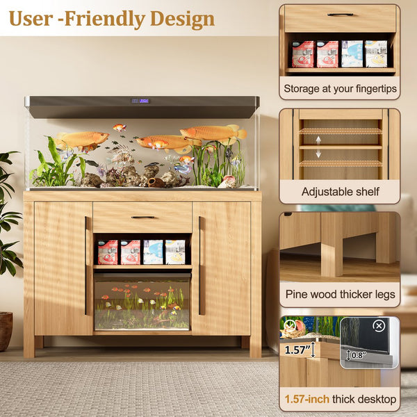 English Elm 55-75 Heavy Duty Aquarium Stand with Power Outlets, 880lb Capacity, 2 Cabinets + Drawer, Natural Finish N704P350198N