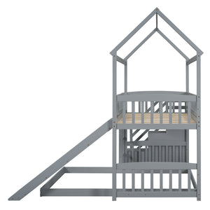 English Elm Twin Over Full Bunk Bed Playhouse Frame with Slide Staircase and Storage Drawers LT100129AAE