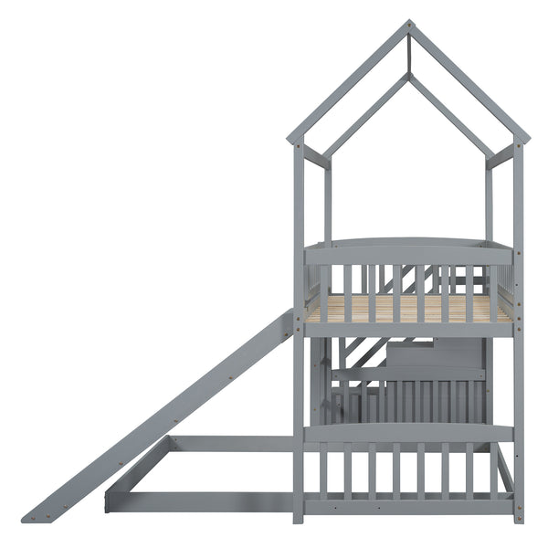 English Elm Twin Over Full Bunk Bed Playhouse Frame with Slide Staircase and Storage Drawers LT100129AAE