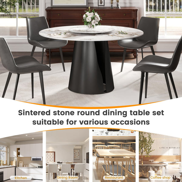 English Elm 53"Modern Round Dining Table With Turntable – Durable Sintered Stone Top & Black Steel Base For 6 Guests W1535S00444