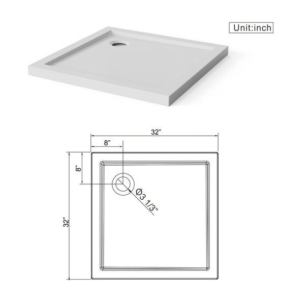 English Elm Goodyo 32x32 Shower Base Center Drain 2in Tall High-Gloss ABS Acrylic Pan Easy-Clean Durable White D163116715
