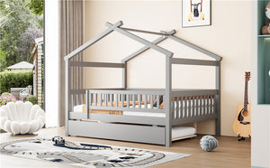 English Elm Full Size Pine House Bed with Roofline Frame and Roll Out Twin Trundle for Kids Gray LP100306AAE