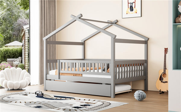 English Elm Full Size Pine House Bed with Roofline Frame and Roll Out Twin Trundle for Kids Gray LP100306AAE