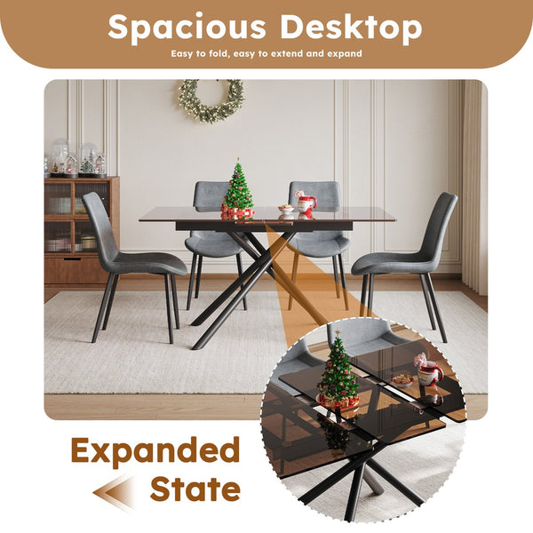 English Elm 59-inch Expandable Glass Top Dining Set Seats 8 with Upholstered Chairs X-base W2700S00082