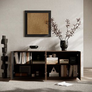 English Elm Buffet Sideboard with 3d Ripple Door Texture Walnut Finish Wide Living Room Storage W2263P467025