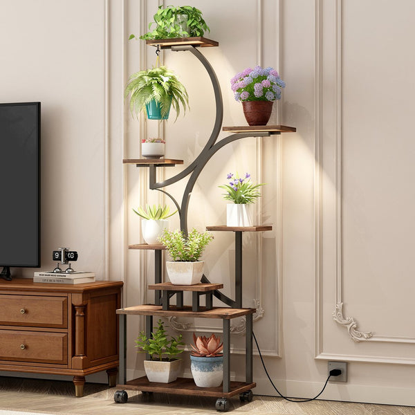 English Elm Plant Stand with Full Spectrum Grow Lights 8 Tier S Shaped Iron Corner Display Rack Black+Brown W2641P446499