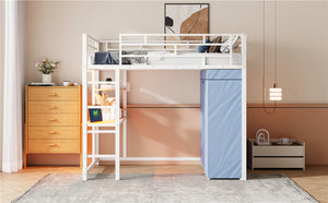 English Elm Twin Loft Bed with Built-In Desk, LED Light Strip, Power Outlet & Fabric Wardrobe for Small Rooms White SF000178AAK