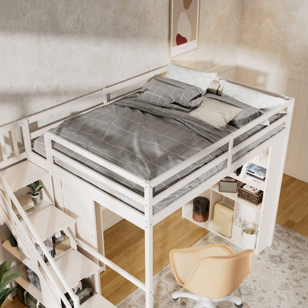 English Elm Full Loft Bed with Integrated Wardrobe Desk Shelving and Led Lighting for Teen Rooms Beige LT000927AAA