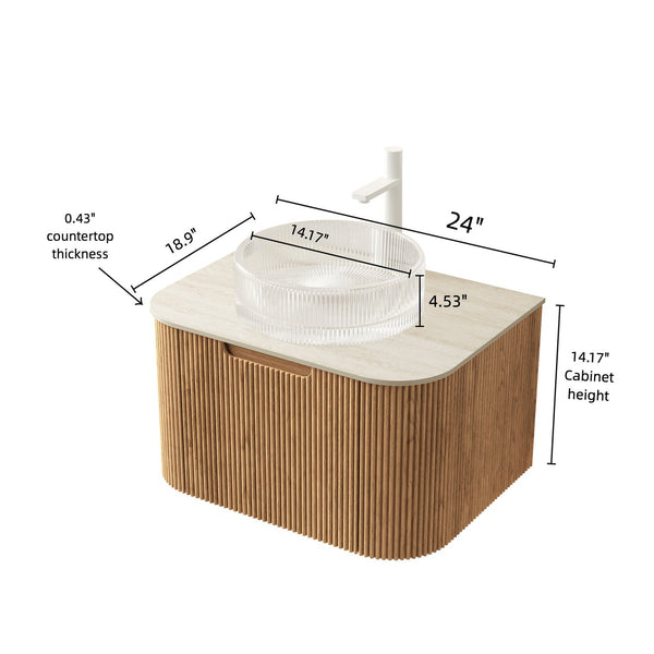 English Elm Dina Floating Bathroom Vanity with Sintered Stone Top and Crystal Glass Basin Beige,Natural Wood,Transparent W2615S00349
