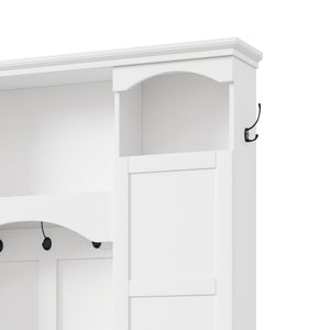 English Elm On-trend Farmhouse Hall Tree with Dual Cabinets Seven Hooks and Arched Entryway Storage White N721S000078K