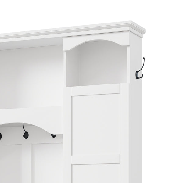 English Elm On-trend Farmhouse Hall Tree with Dual Cabinets Seven Hooks and Arched Entryway Storage White N721S000078K