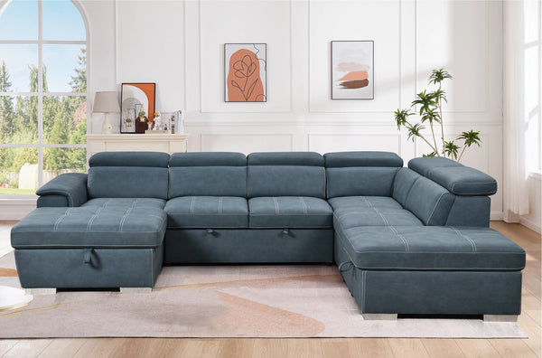 English Elm 128"Sofa U-Shaped Sectional with Pull-Out Bed, Storage Chaises, Adjustable Headrests for Comfort Blue W1417S00086