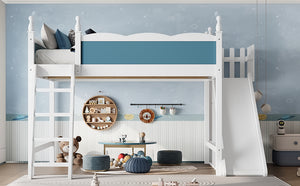 English Elm Queen Solid Pine Loft Bed with Wardrobe Shelves Detachable Slide and Dual Sleeping Zones Blue,Off White W5305S00029