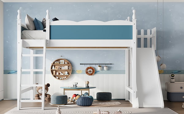 English Elm Queen Solid Pine Loft Bed with Wardrobe Shelves Detachable Slide and Dual Sleeping Zones Blue,Off White W5305S00029